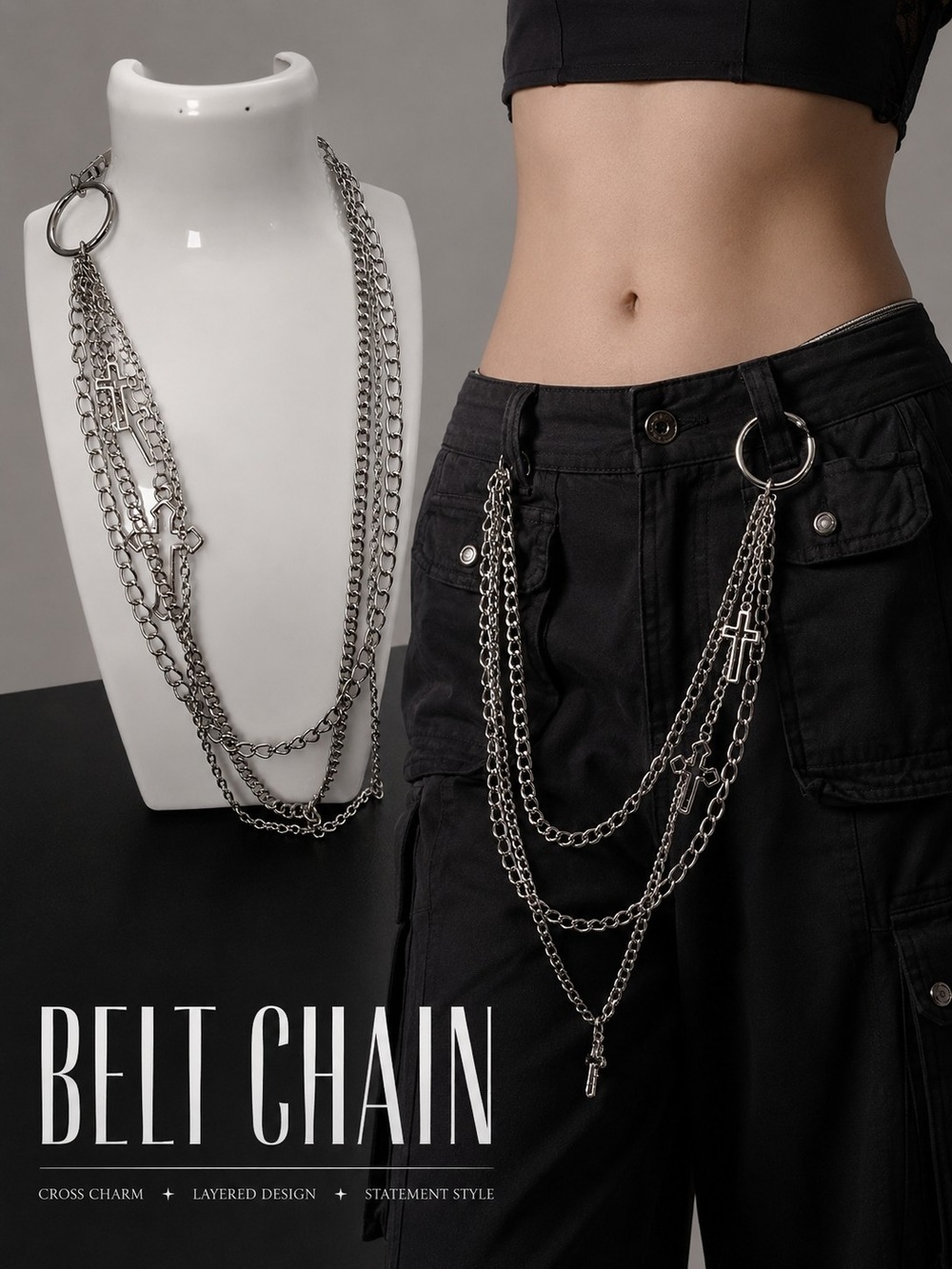 Silver Layered Cross Belt Chain Necklace Women Jewelry